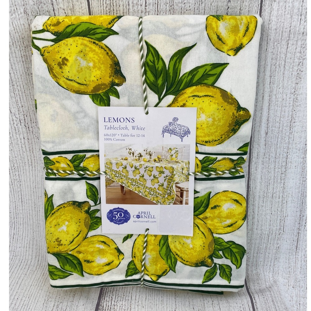 April Cornell Tablecloth 60x120 Lemons White Yellow Cotton Fruit Print Summer